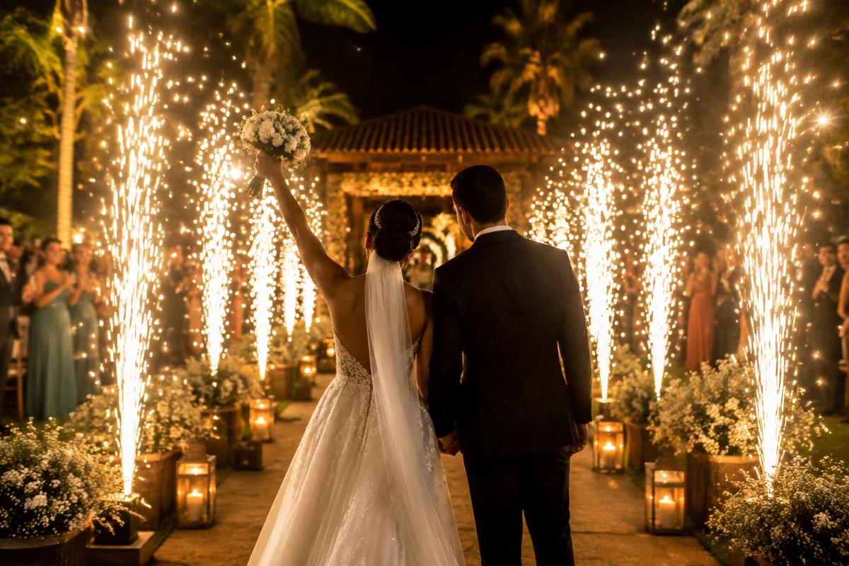 Casamento com corredor de faíscas douradas