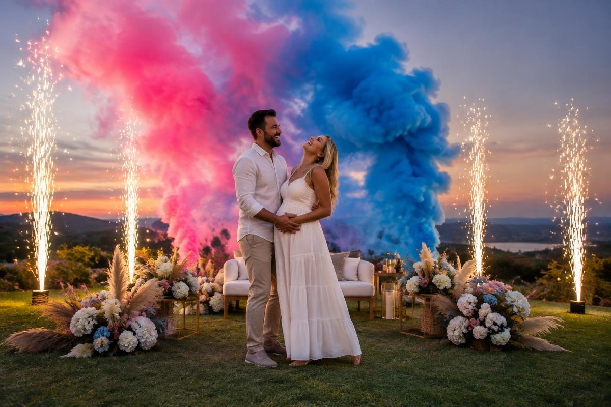 Chá revelação com fumaça colorida e efeitos especiais